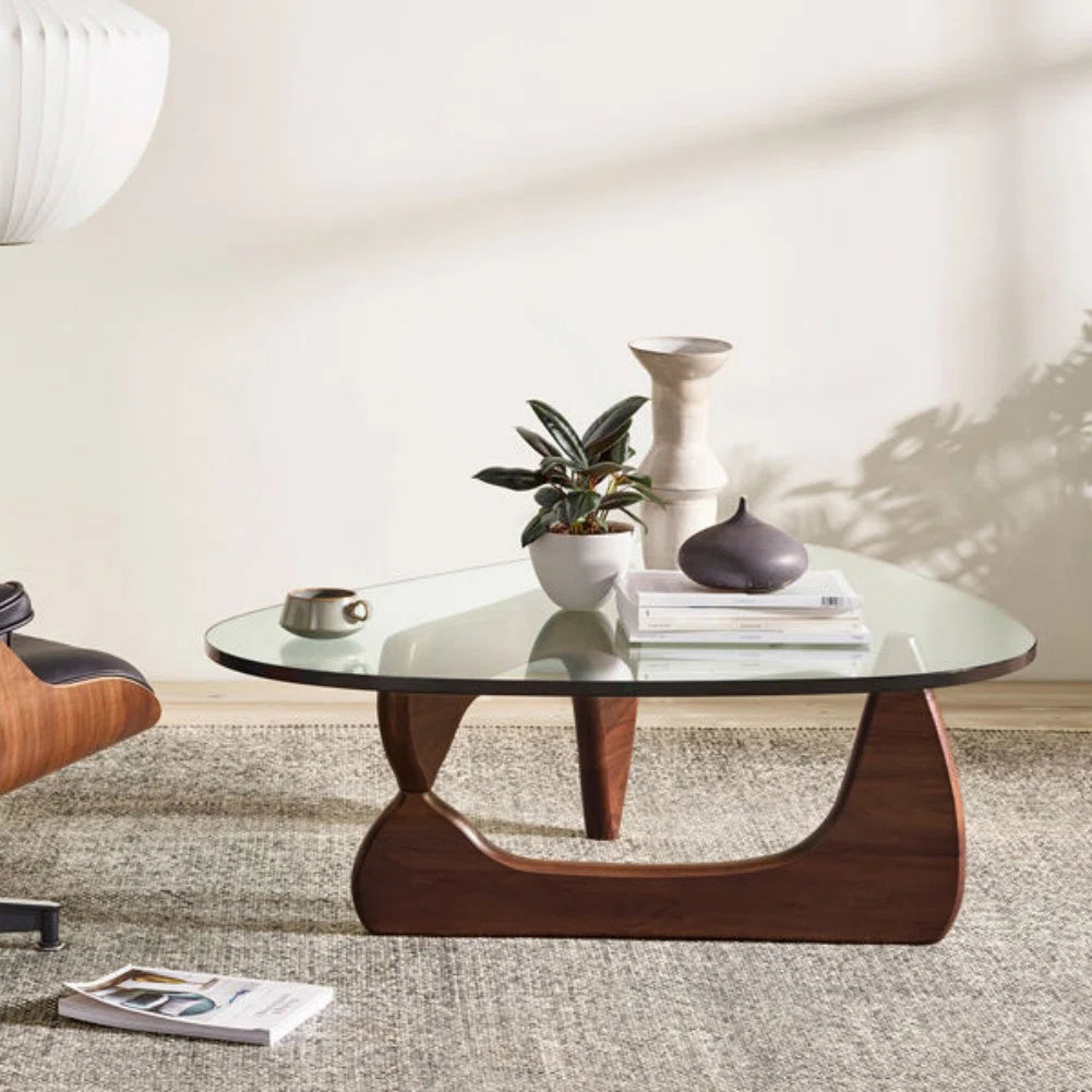 Triangle Glass Coffee Table with Wooden Base Clear Glass Top Mid-Century Abstract Glass Table