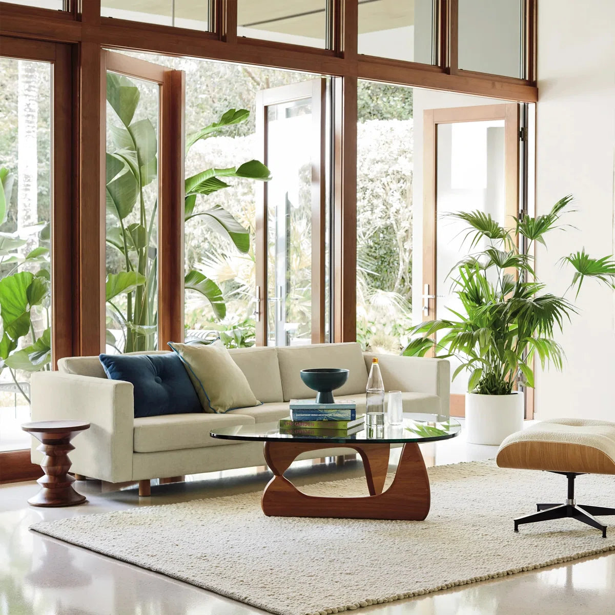 Triangle Glass Coffee Table with Wooden Base Clear Glass Top Mid-Century Abstract Glass Table