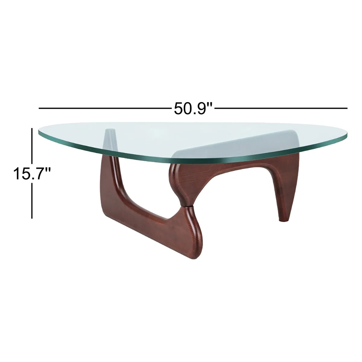 Triangle Glass Coffee Table with Wooden Base Clear Glass Top Mid-Century Abstract Glass Table