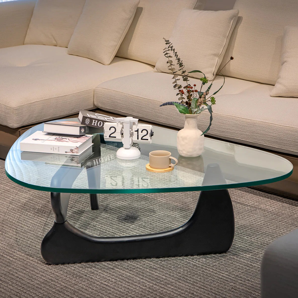 Triangle Glass Coffee Table with Wooden Base Clear Glass Top Mid-Century Abstract Glass Table