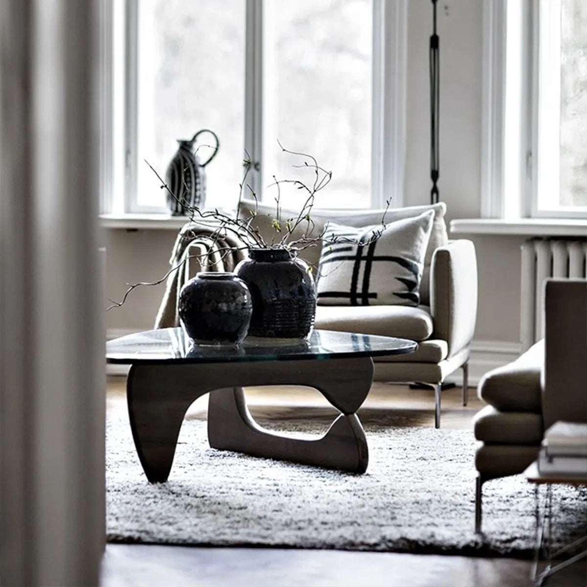 Triangle Glass Coffee Table with Wooden Base Clear Glass Top Mid-Century Abstract Glass Table