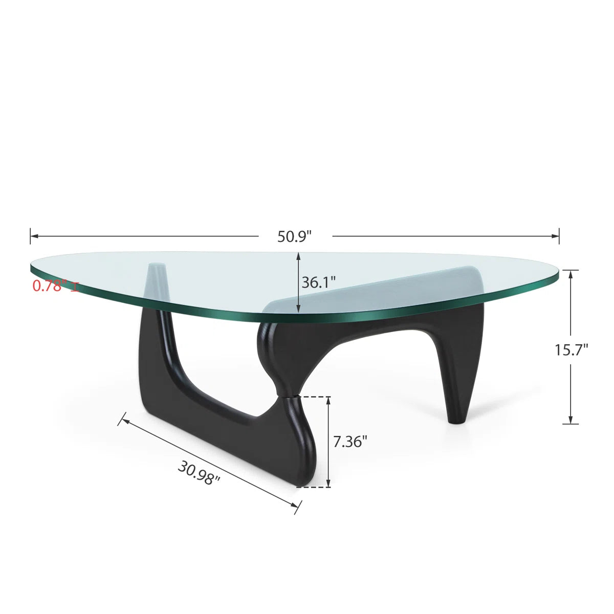 Triangle Glass Coffee Table with Wooden Base Clear Glass Top Mid-Century Abstract Glass Table