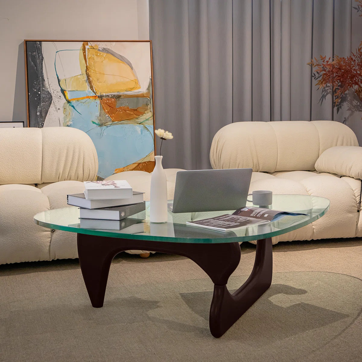 Triangle Glass Coffee Table with Wooden Base Clear Glass Top Mid-Century Abstract Glass Table