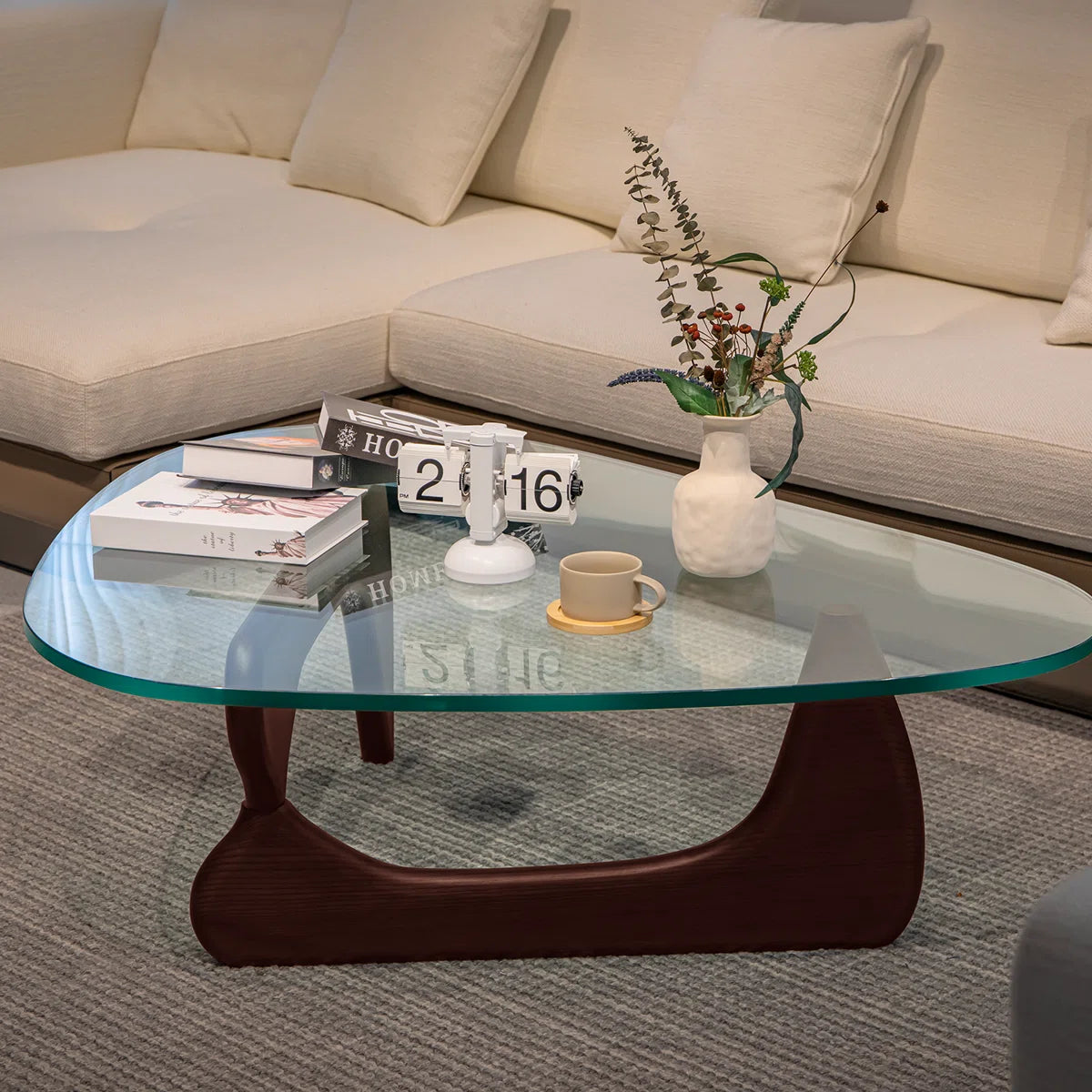 Triangle Glass Coffee Table with Wooden Base Clear Glass Top Mid-Century Abstract Glass Table