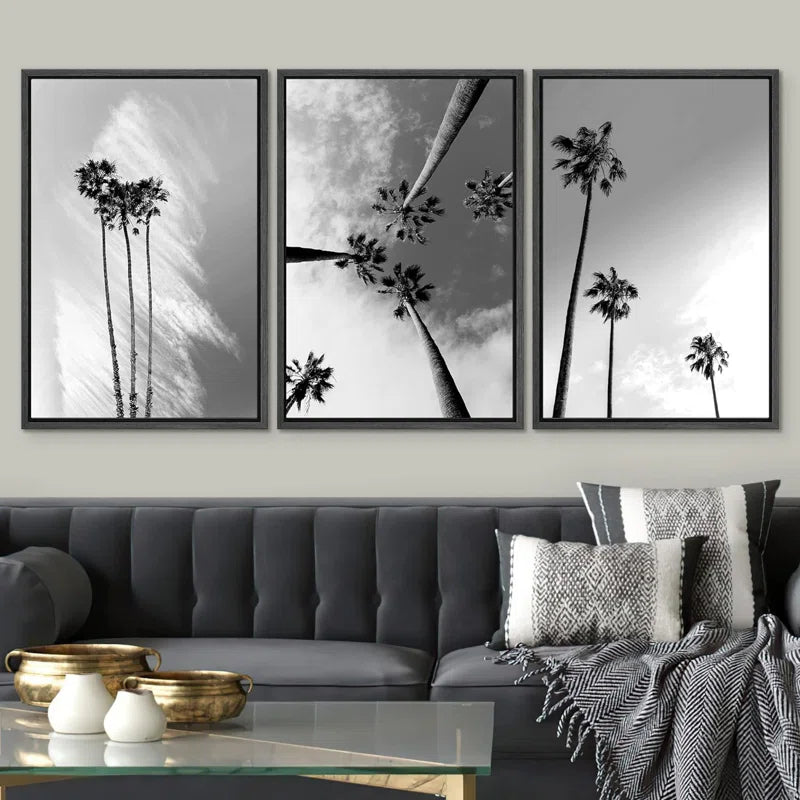 Tropical Palm Black And White Tropical Palm Tree Coastal Artwork Framed Canvas 3 Pieces Pictures Print Wall Art