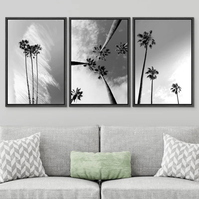 Tropical Palm Black And White Tropical Palm Tree Coastal Artwork Framed Canvas 3 Pieces Pictures Print Wall Art