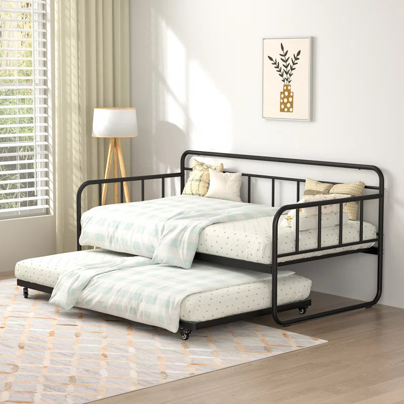 Twin Size Daybed And Trundle Bed Frame Set, Twin Metal Daybed Frame With Pull Out Trundle Bed, Black