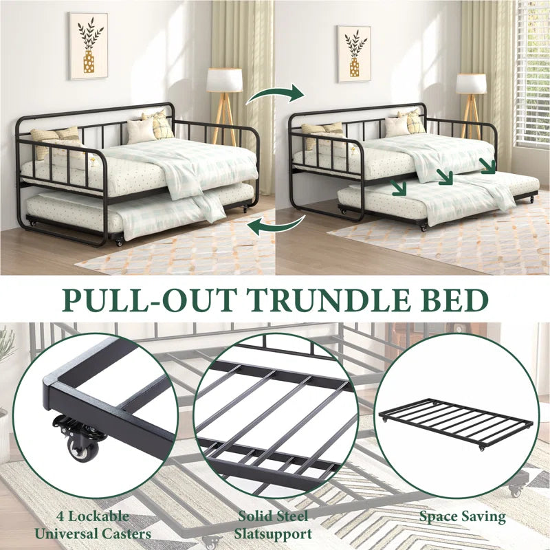 Twin Size Daybed And Trundle Bed Frame Set, Twin Metal Daybed Frame With Pull Out Trundle Bed, Black