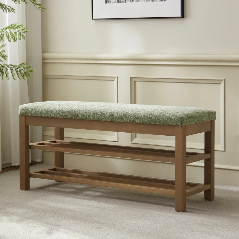 Upholstered Storage Bench with Double-Tier Shoe Rack