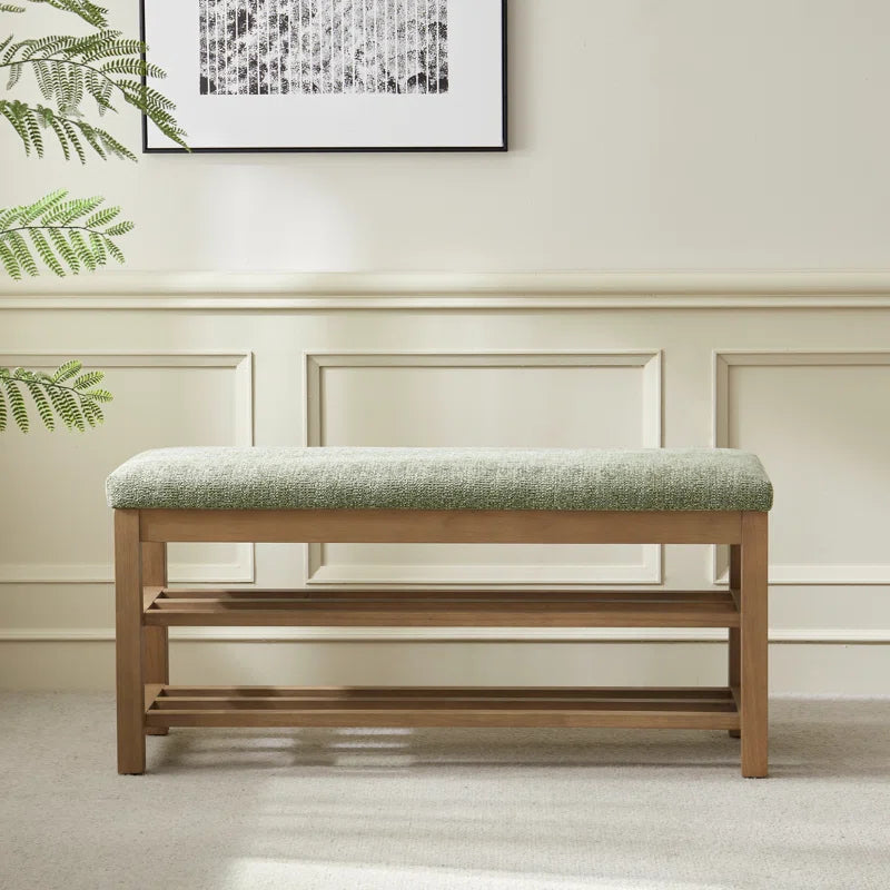 Upholstered Storage Bench with Double-Tier Shoe Rack
