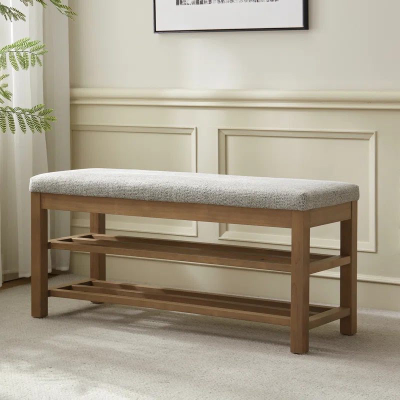 Upholstered Storage Bench with Double-Tier Shoe Rack