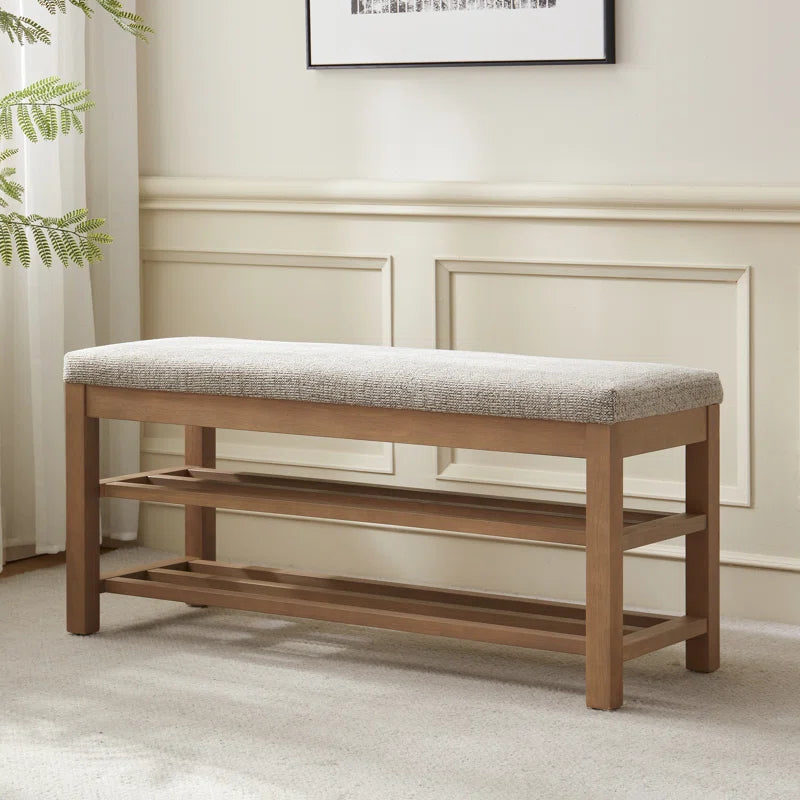 Upholstered Storage Bench with Double-Tier Shoe Rack
