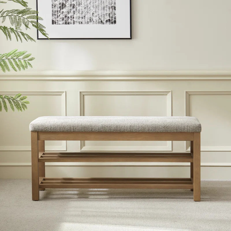 Upholstered Storage Bench with Double-Tier Shoe Rack