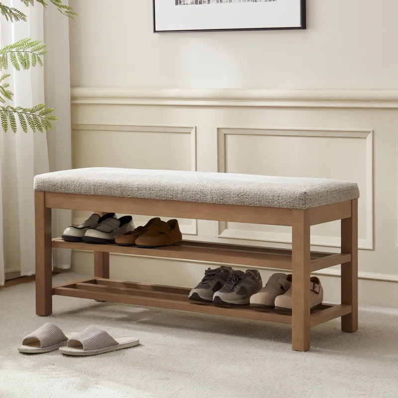 Upholstered Storage Bench with Double-Tier Shoe Rack