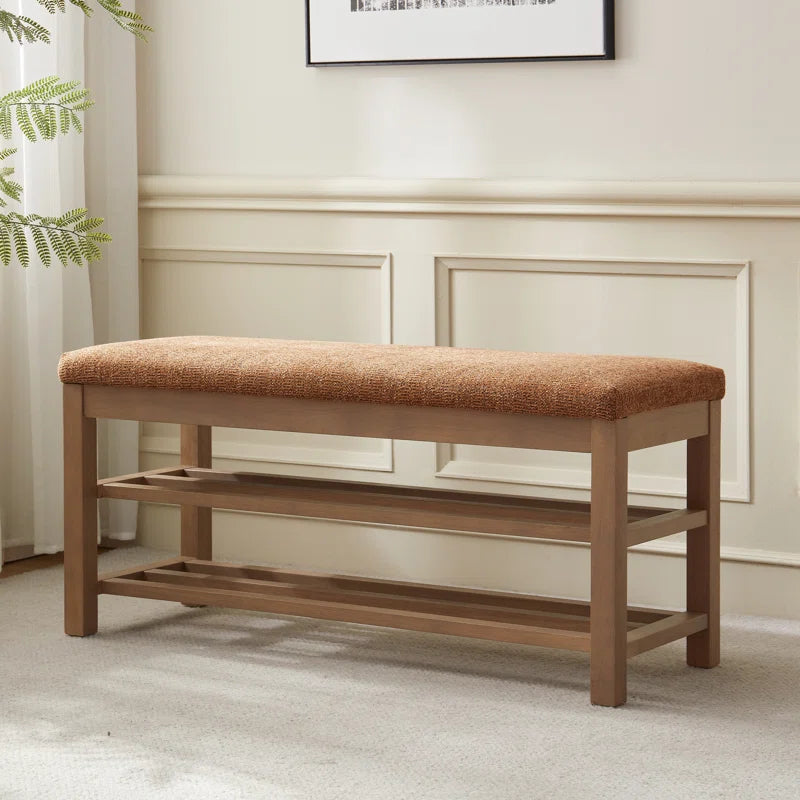 Upholstered Storage Bench with Double-Tier Shoe Rack