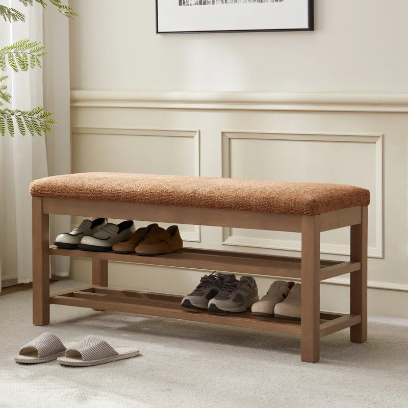 Upholstered Storage Bench with Double-Tier Shoe Rack