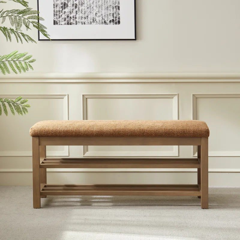 Upholstered Storage Bench with Double-Tier Shoe Rack