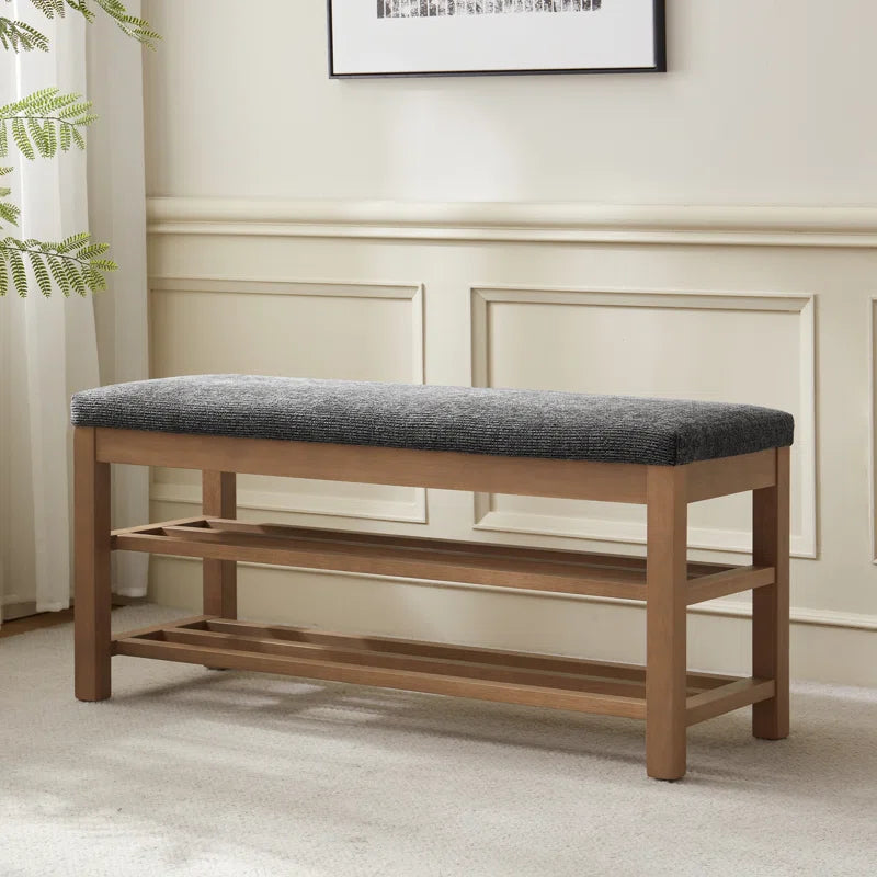 Upholstered Storage Bench with Double-Tier Shoe Rack