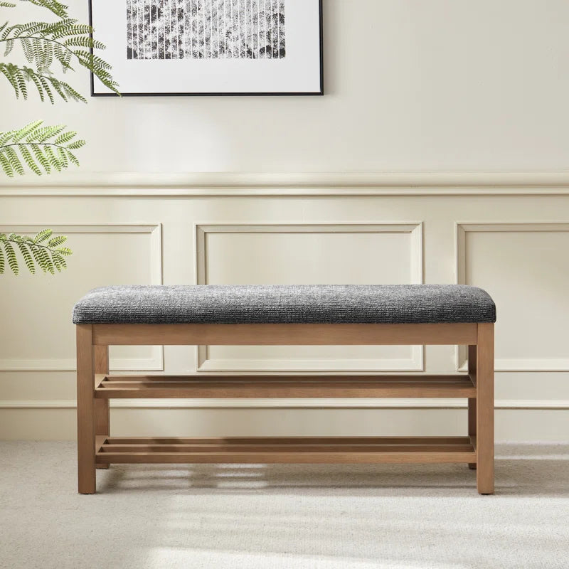 Upholstered Storage Bench with Double-Tier Shoe Rack