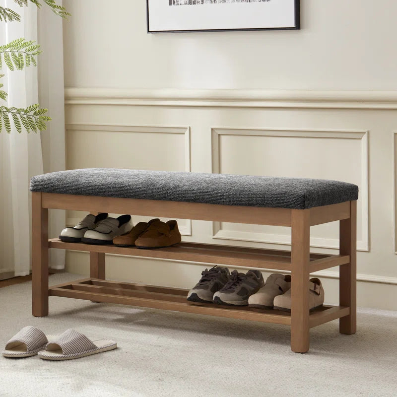 Upholstered Storage Bench with Double-Tier Shoe Rack