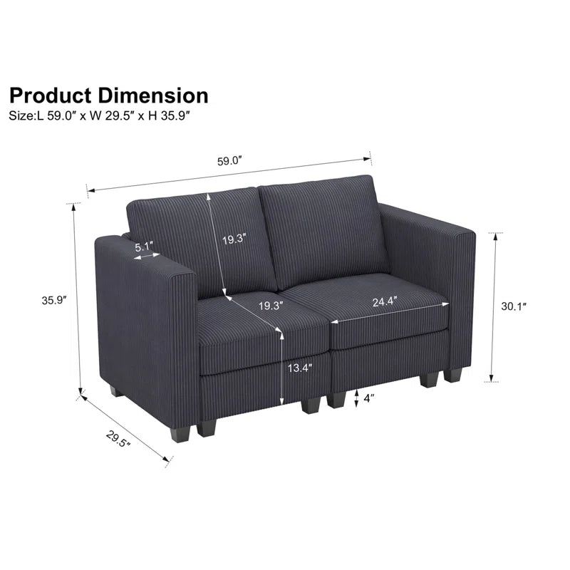 Vevey 59'' Wide Corduroy Modular Loveseat Storage Sofa Double Seat Couch Apartment Lounge Sofa