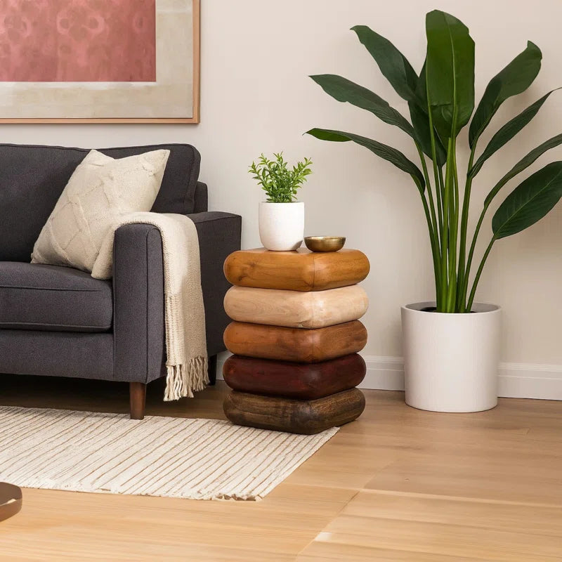 Zyra 18 Inch Side End Table, Sculptural Stacked Design, Mango And Acacia Wood Artisanship