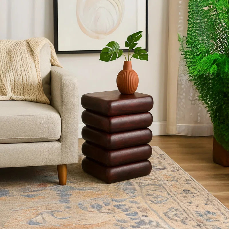 Zyra 18 Inch Side End Table, Sculptural Stacked Design, Mango And Acacia Wood Artisanship