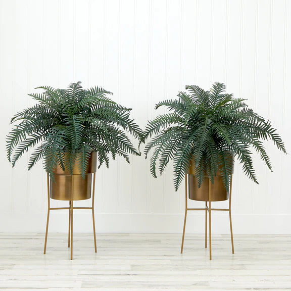 34” Artificial River Fern Plant in Metal Planter with Stand DIY KIT - Set of 2