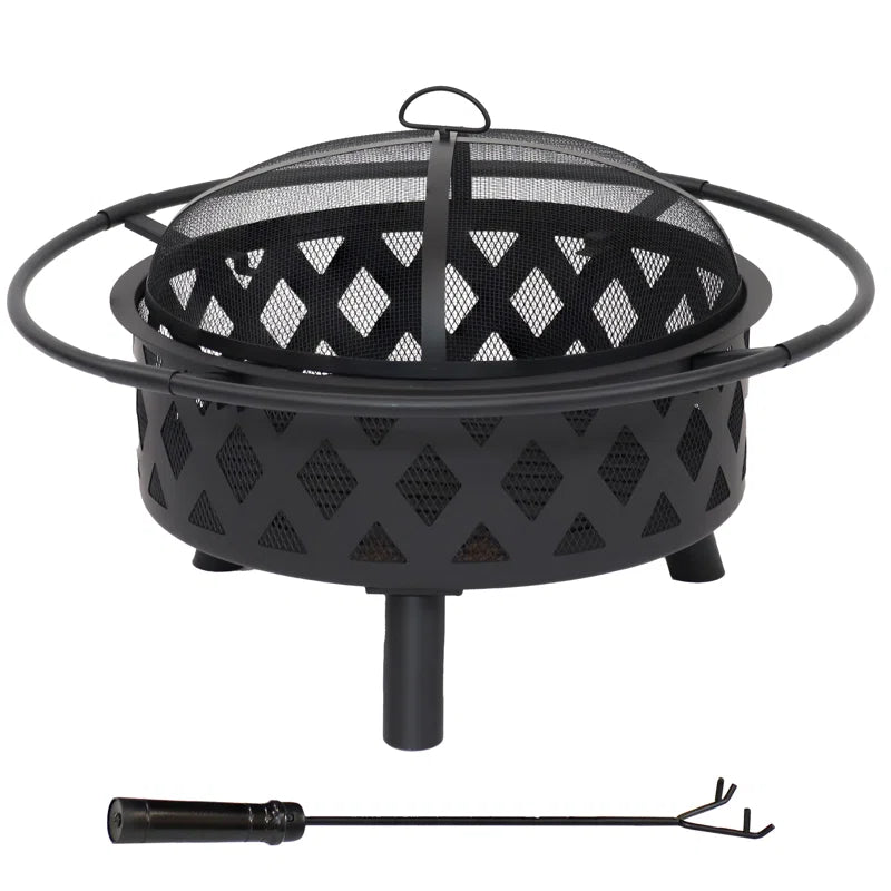 Jahidul Crossweave Round Wood-Burning Steel Outdoor Fire Pit with Screen - Black