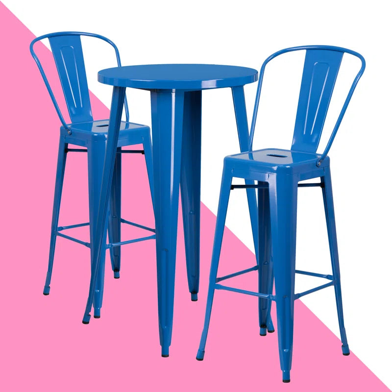 Genece Round Metal Indoor-Outdoor Bar Table Set with 2 Stools