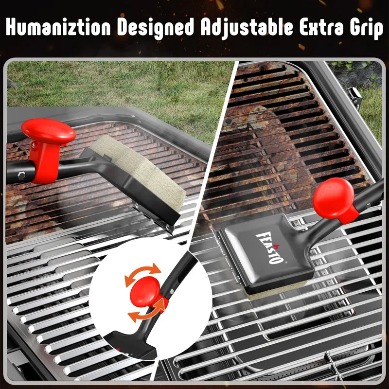 Feasto Ergonomic Long-Handled Grill Steam Cleaning Brush, Multifunctional BBQ Grate Cleaner with Thermal-Sensitive Sponge & Stainless Steel Scraper