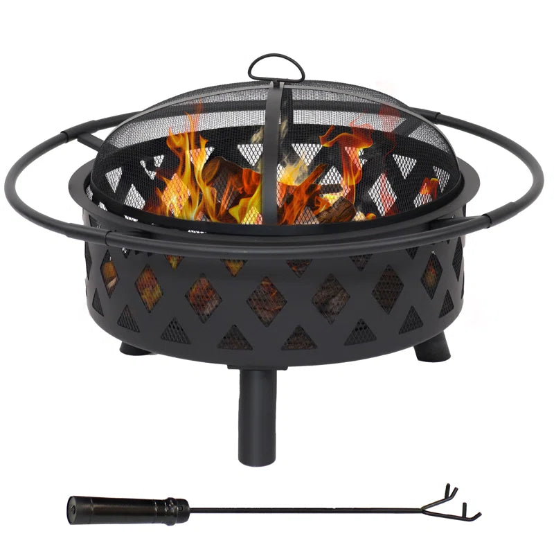 Jahidul Crossweave Round Wood-Burning Steel Outdoor Fire Pit with Screen - Black