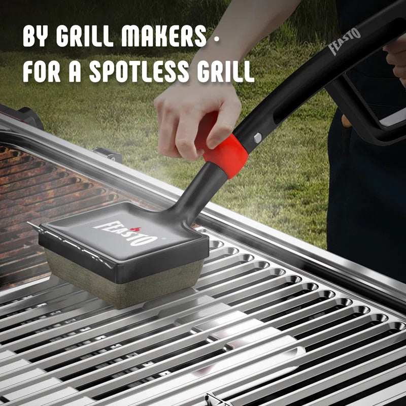 Feasto Ergonomic Long-Handled Grill Steam Cleaning Brush, Multifunctional BBQ Grate Cleaner with Thermal-Sensitive Sponge & Stainless Steel Scraper