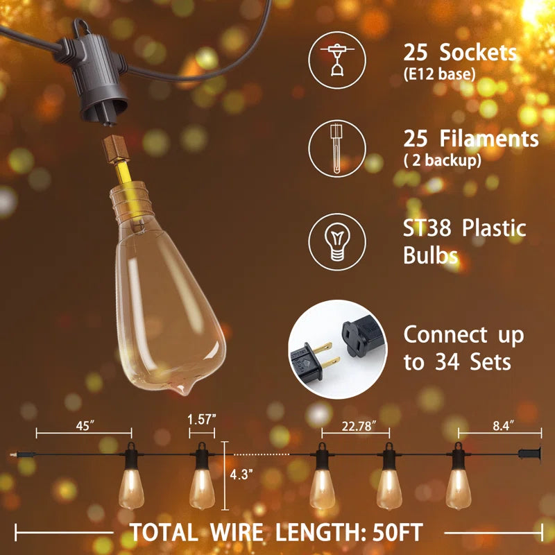 50FT LED Outdoor String Lights Patio Lights with 25 Shatterproof ST38 Bulbs,Connectable Dimmable Waterproof LED String Lights for Party,Garden,Birthday,Wedding,Backyard,Porch,Deck,Balcony,Christmas,Halloween, 2700K Warm White