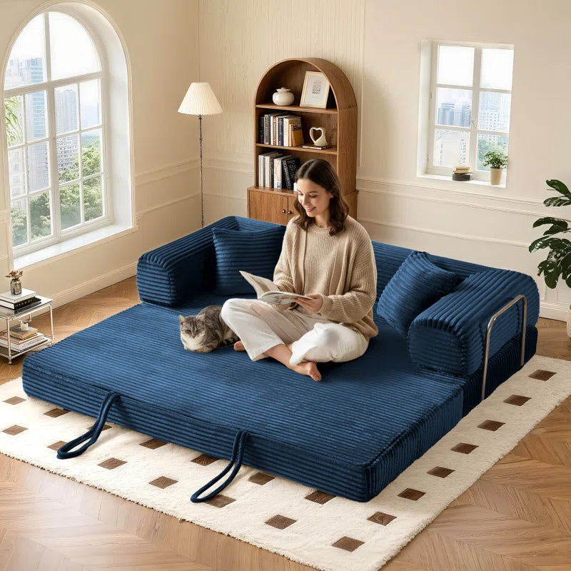 78" King Size Convertible Sleeper Sofa Bed With 2 Pillows, Corduroy Folding Mattress Couch, No Assembly Required , Floor Sofa Lounge Couch For Living Room Small Spaces