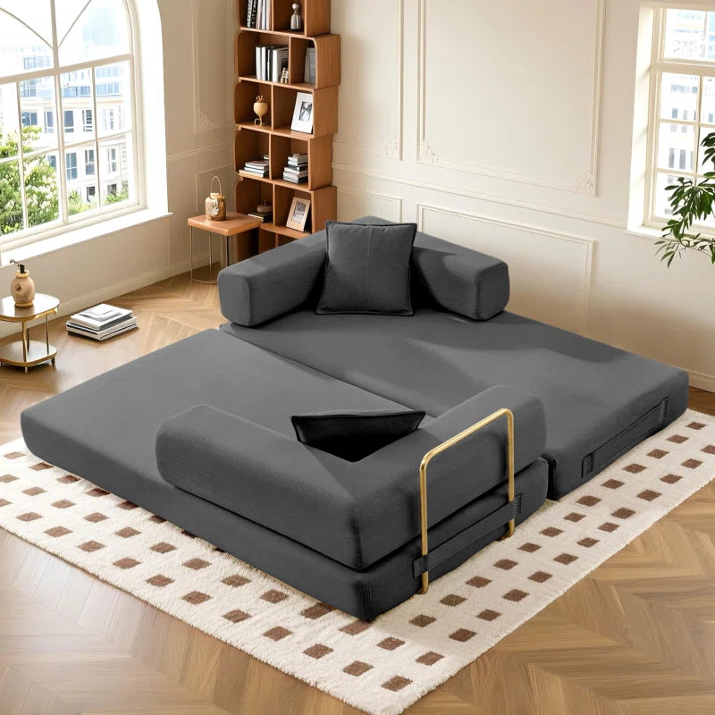 78" King Size Convertible Sleeper Sofa Bed With 2 Pillows, Corduroy Folding Mattress Couch, No Assembly Required , Floor Sofa Lounge Couch For Living Room Small Spaces