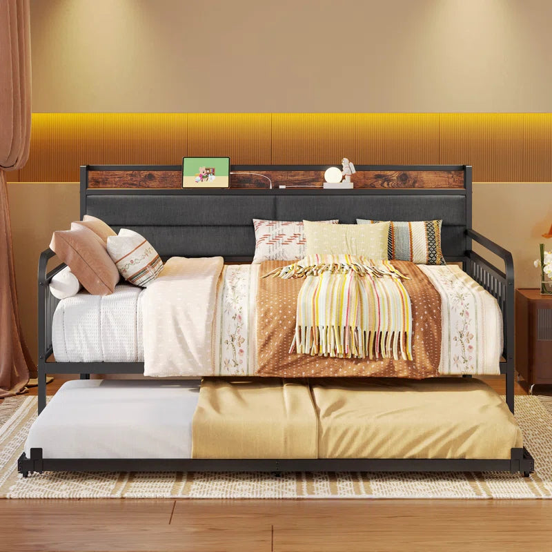 Daybed With Trundle Day Bed With Upholstered Headboard And Charging Station