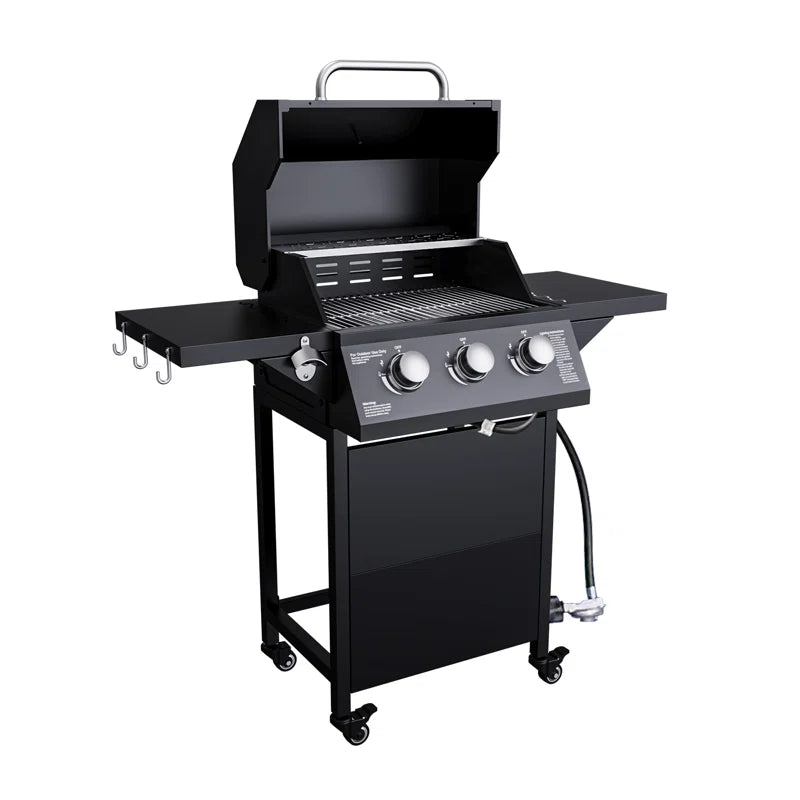 3-burner Outdoor Bbq Propane Gas Grill, 30000 Btu, Portable Outdoor Gas Grill With Foldable Side Shelves, Built-in Thermometer, Easy Assembly For Backyard, Camping And Tailgating