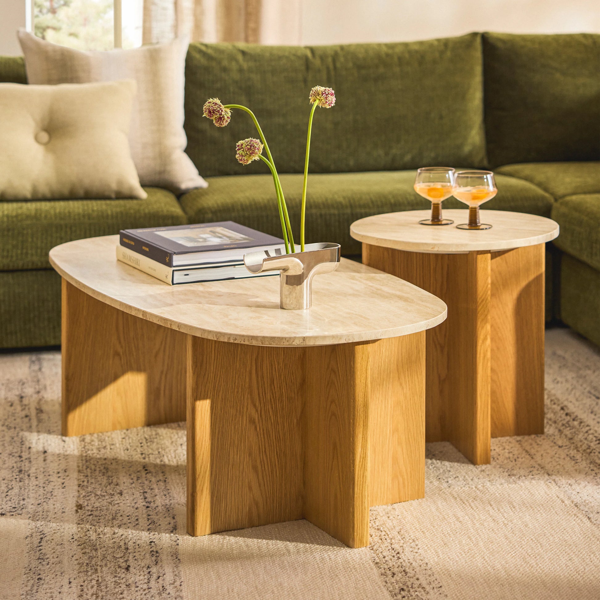 Sporo Travertine Side Table - Natural Oak