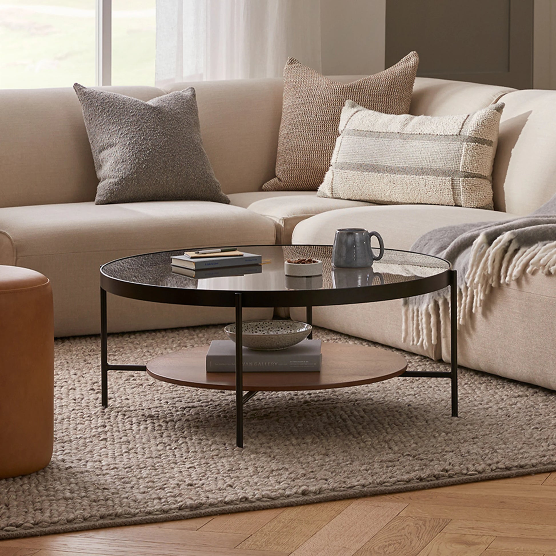Vitri 36.5" Glass Coffee Table - Walnut