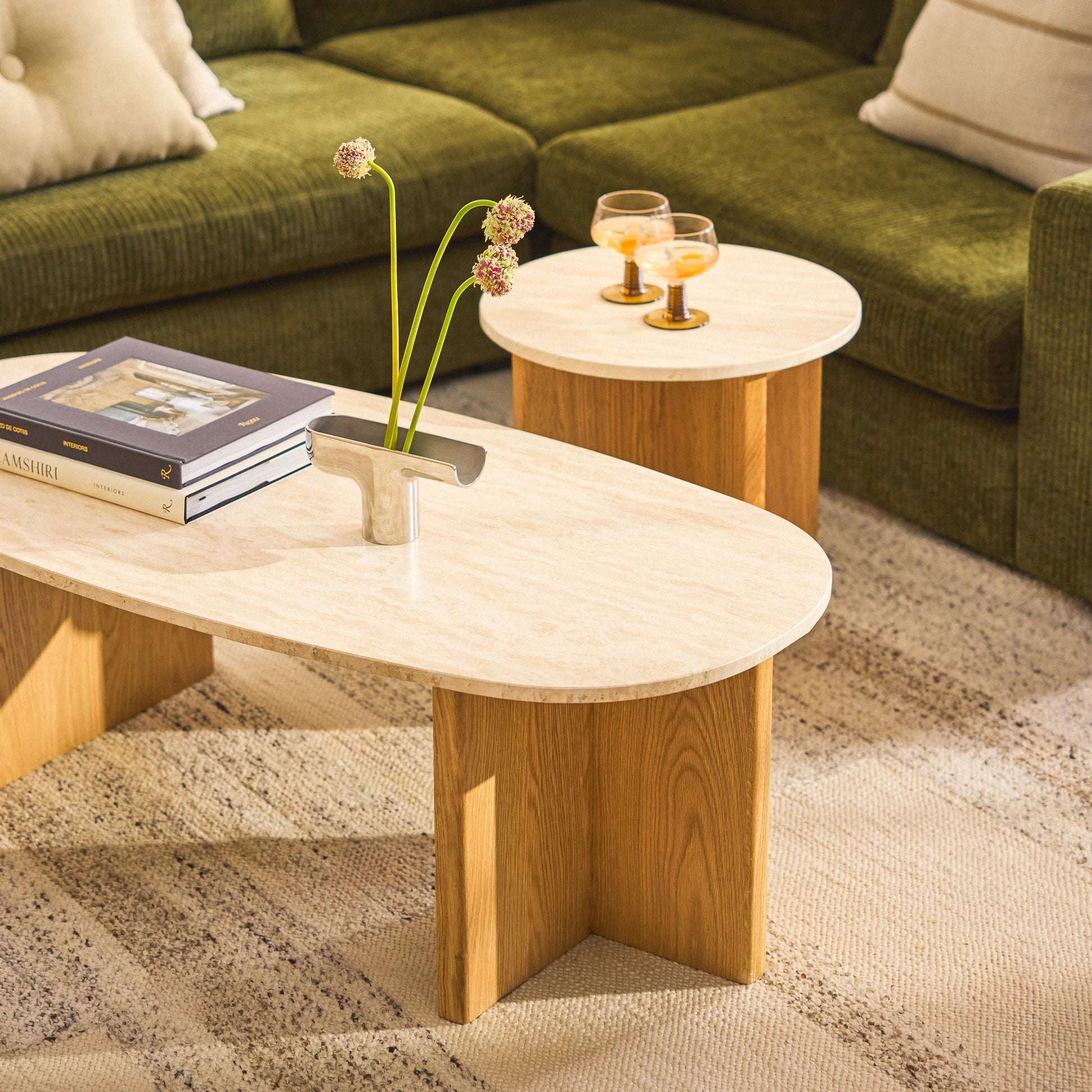 Sporo Travertine Side Table - Natural Oak