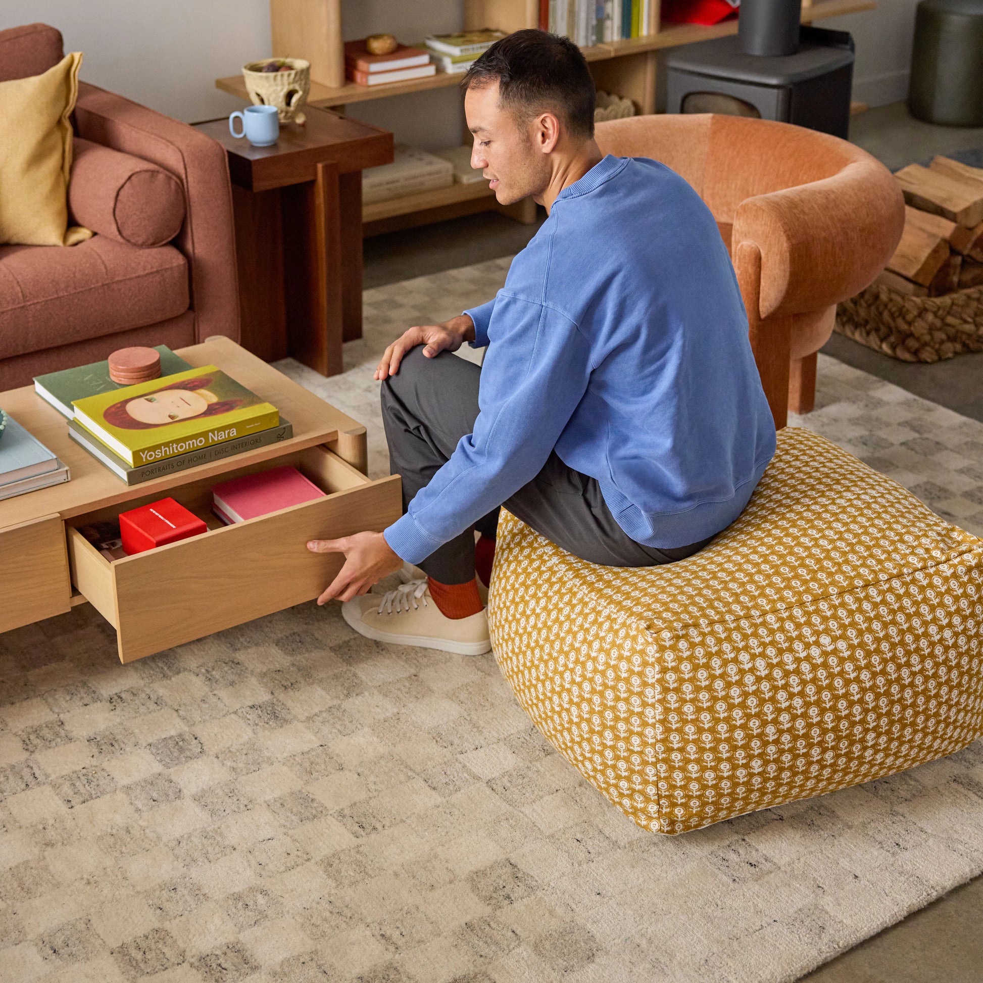 Priya 25.5" Pouf - Yellow Blockprint