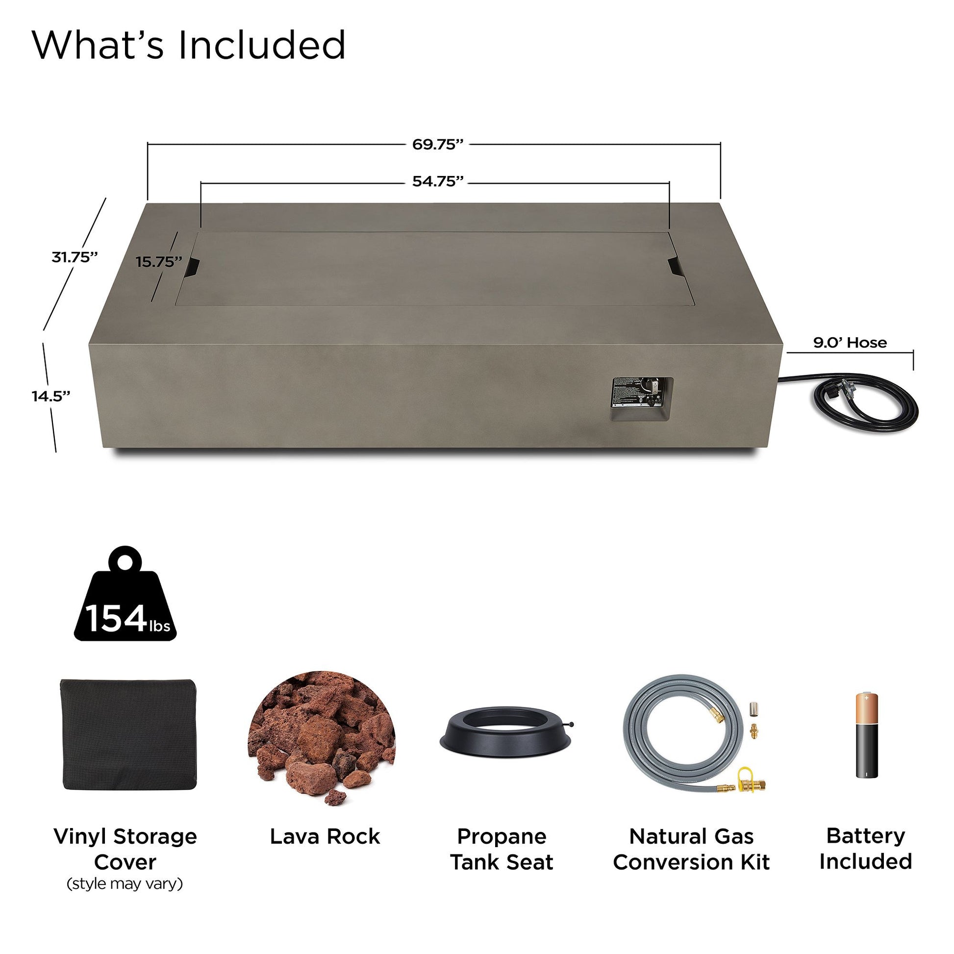 Rutland Rectangle Fire Pit Table (42"–70")